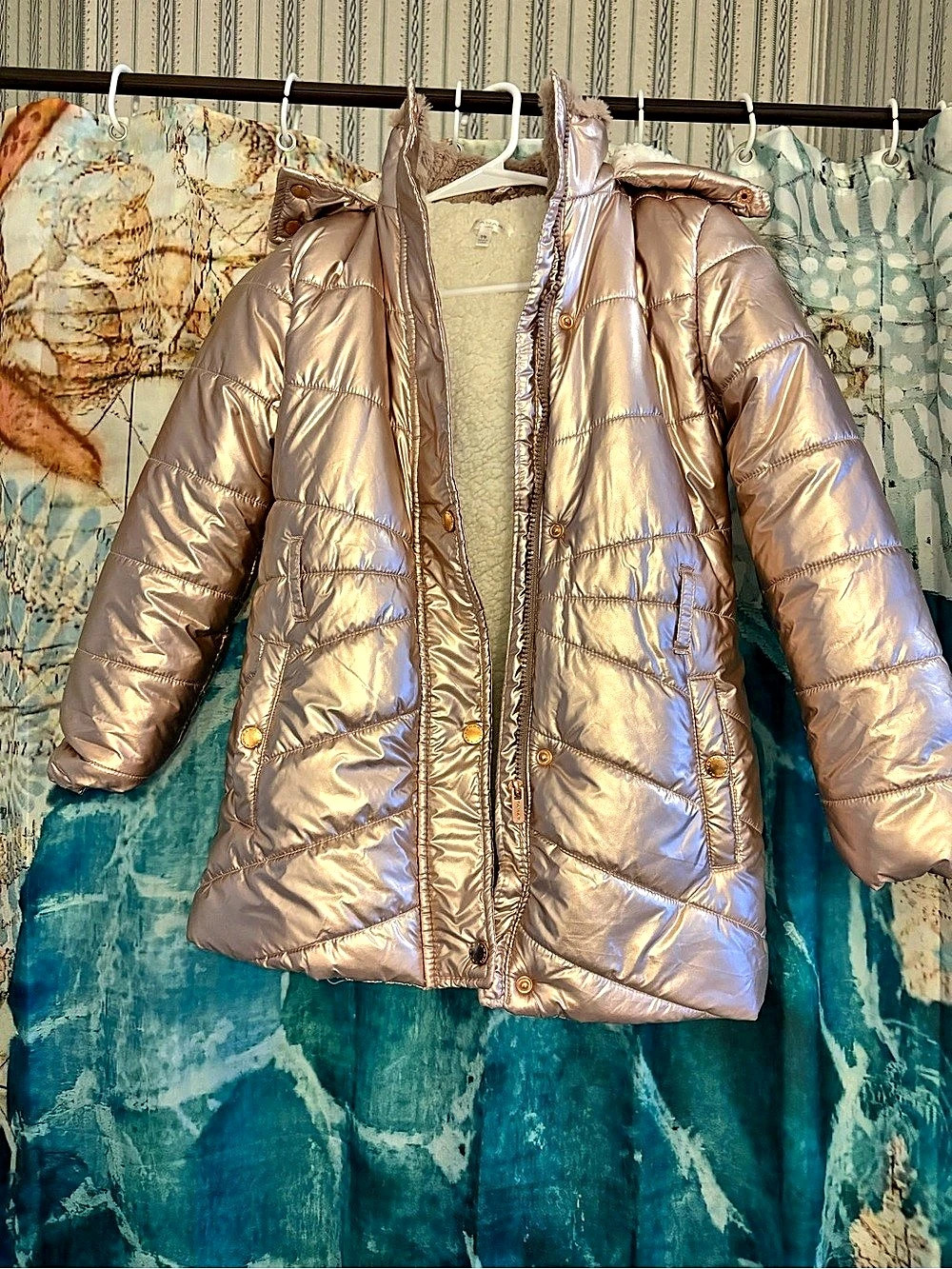 Tahari Metallic Hooded Puffer Jacket Pink Size Medium